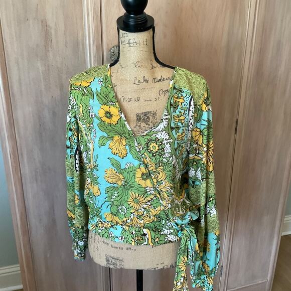 ANTHROPOLOGIE TINY BRAND Long sleeve v-neck wrap look blouse boho retro 70’s L - Picture 12 of 15